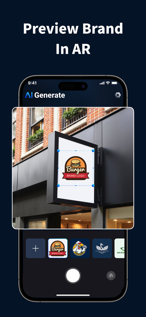 AI Logo Maker®Brand Design - Vista previa de realidad aumentada de un logotipo de hamburguesa en el letrero de una tienda física.