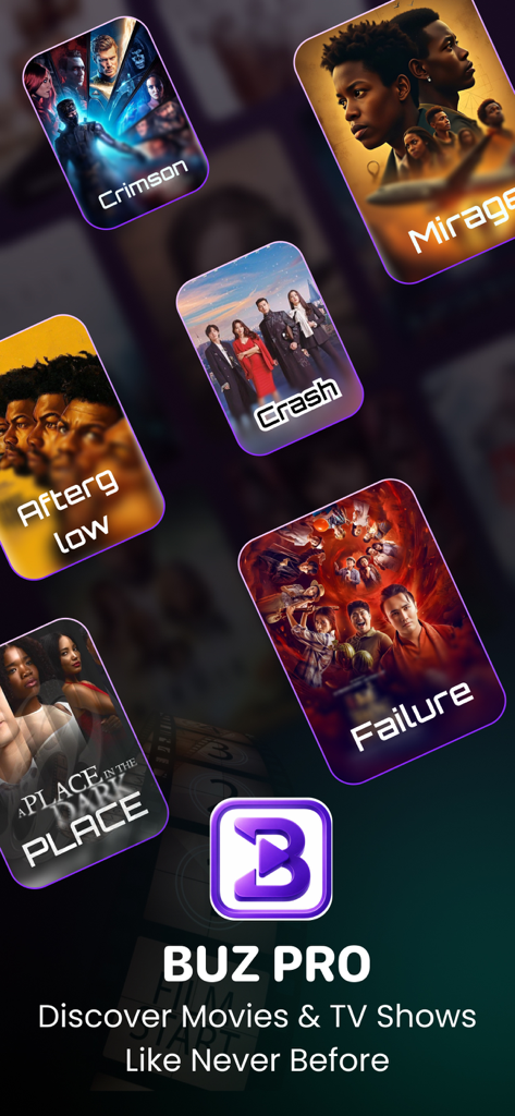 Buz Pro : TV Shows & Movies - Pantalla de inicio de la aplicación Buz Pro con pósters de varias películas y el eslogan Descubre Películas y Series Como Nunca Antes.