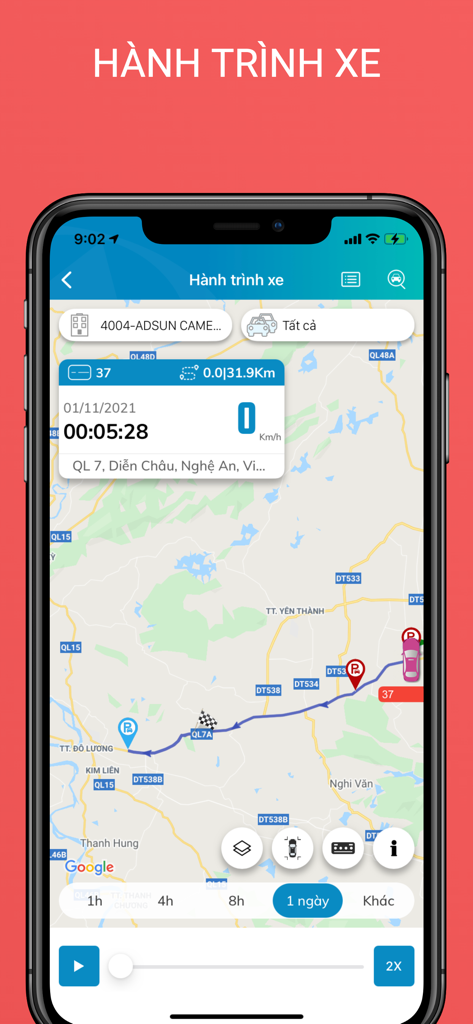 ADSUN - Pantalla de la aplicación ADSUN mostrando la ruta del viaje del vehículo e información de rastreo en un mapa.