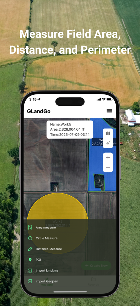 GPS Area Measure: GLandGo - Interfaz de la aplicación GLandGo que muestra mediciones de área y distancia de terrenos en un mapa aéreo