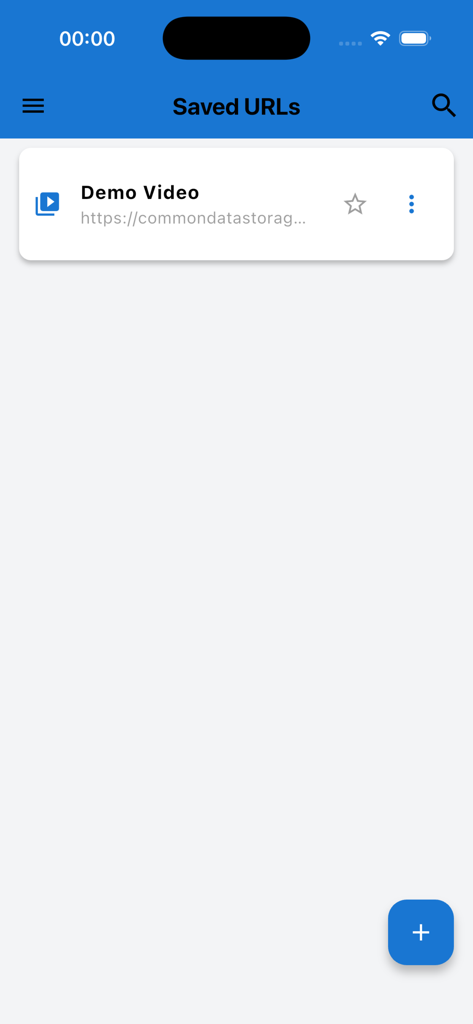 Buz One app Saved URLs screen showing a demo video link and an add button