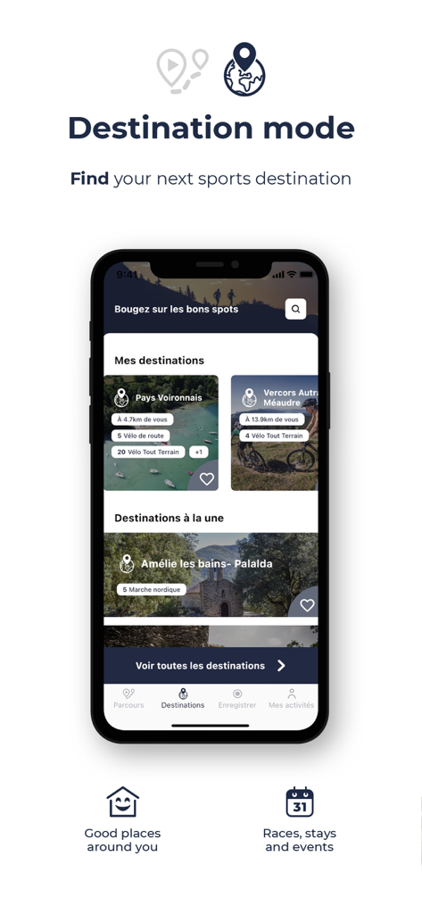 Tela do aplicativo On Piste exibindo a interface do modo de destino para encontrar locais de esportes ao ar livre e rotas oficiais