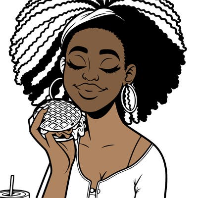 an african american woman eating a waffle burger realistic
