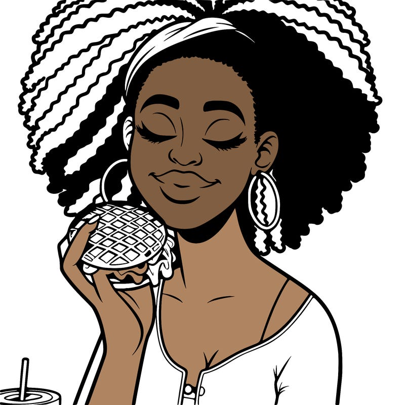 an african american woman eating a waffle burger realistic
