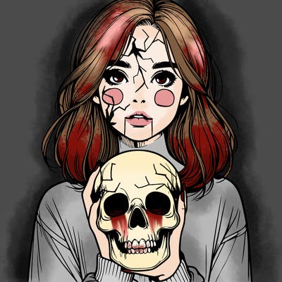 realistic girl holding a skull