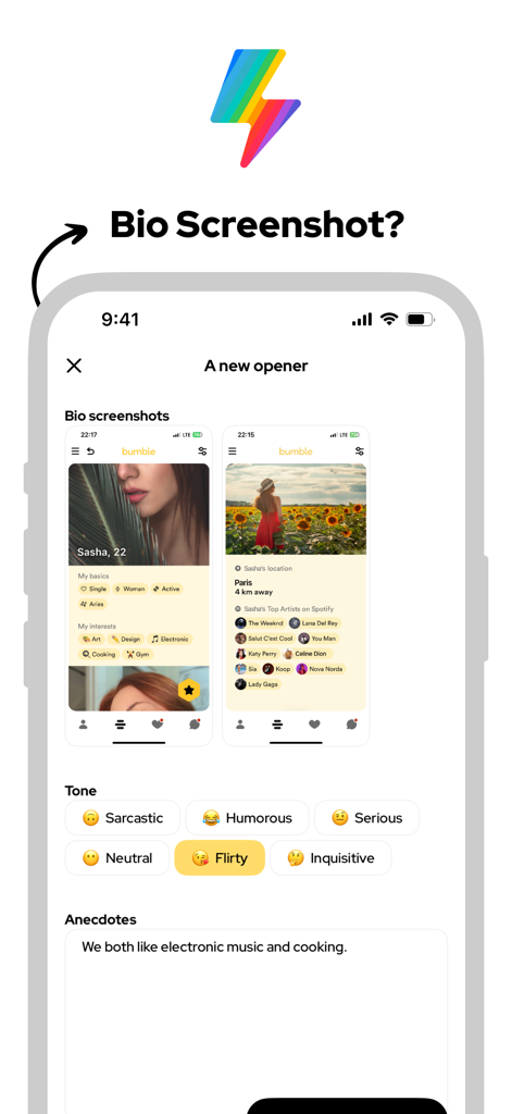 Sparrk, Rizz AI Dating Wingman - Sparrk app interface for generating custom dating openers using AI analysis of dating profile screenshots