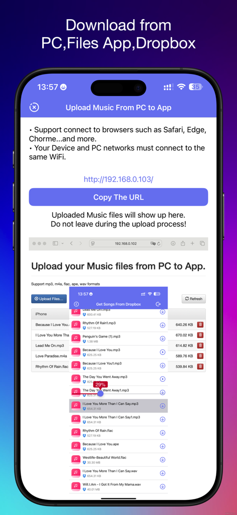 Musix - Simple Music Player AM - Interface of Musix app showing music file transfer from PC and Dropbox via WiFi