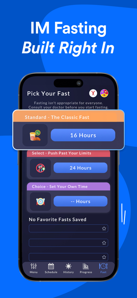 Stupid Simple Macro Tracker app screen showing intermittent fasting options including a sixteen hour classic fast.