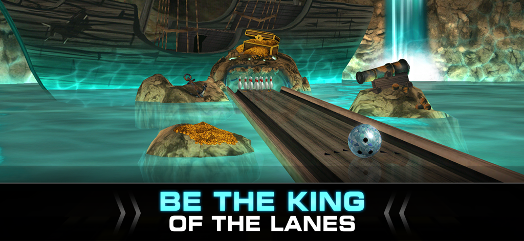 PBA® Bowling Challenge - A blue bowling ball rolling down a wooden lane in a pirate-themed level with treasure and a shipwreck in PBA Bowling Challenge.