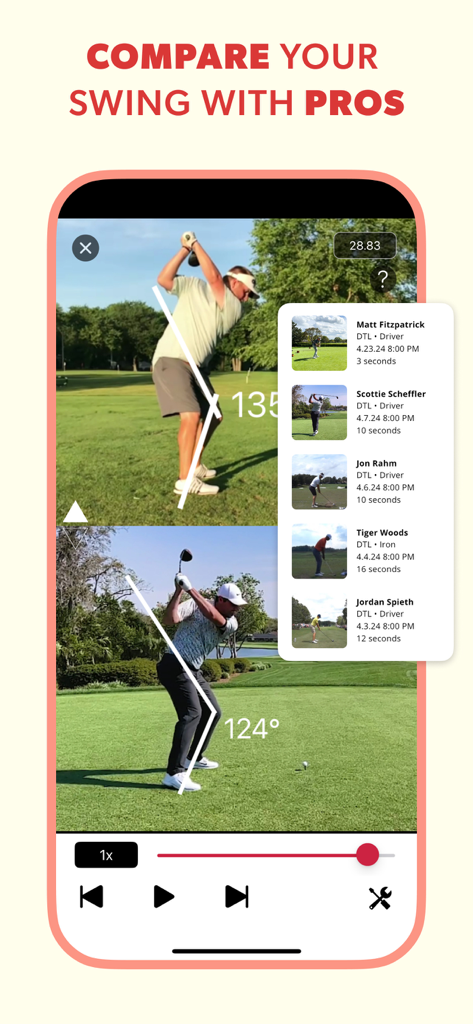 Comparação lado a lado do swing de um usuário de golfe com um golfista profissional apresentando linhas de análise técnica