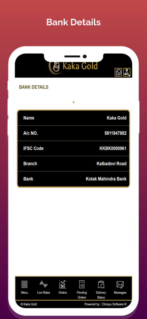 Kaka Spot - Captura de pantalla de la pantalla de detalles bancarios en la aplicación Kaka Spot que muestra información para Kotak Mahindra Bank.