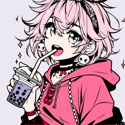 hot baddie anime girl drinking boba and biting the straw