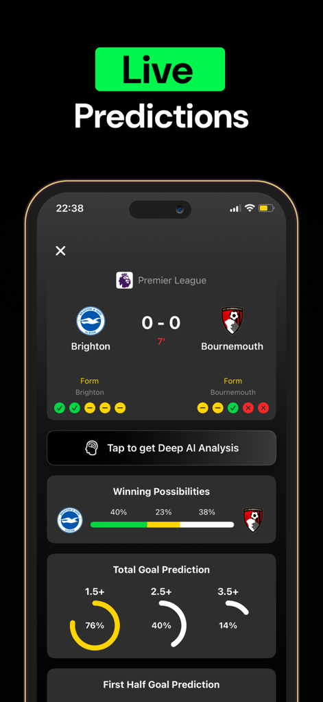 WinAI App-Oberfläche mit Live-Fußball-Wettvorhersagen und statistischen Analysen