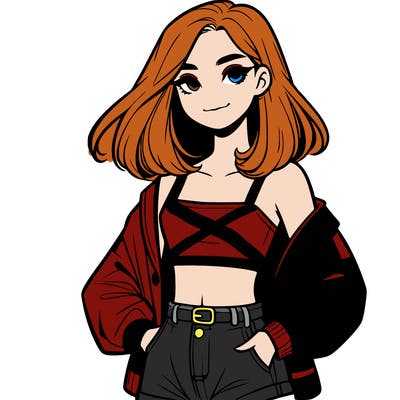a realistic girl with a crop top and short shorts in an open jacket