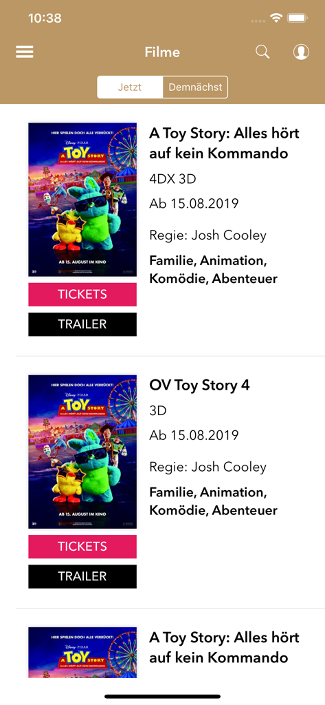 The movie listings screen of the Hollywood Megaplex app showing film titles like Toy Story 4 with buttons for tickets and trailers