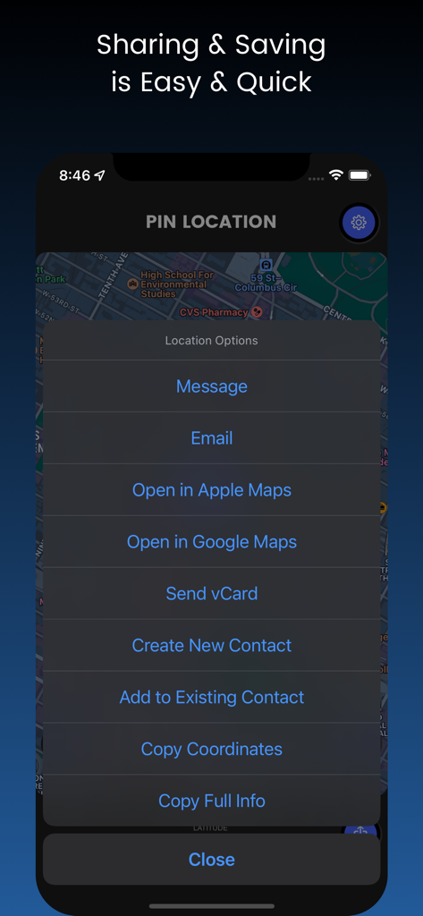 Interfaz para compartir y guardar coordenadas GPS en la aplicación myLocation
