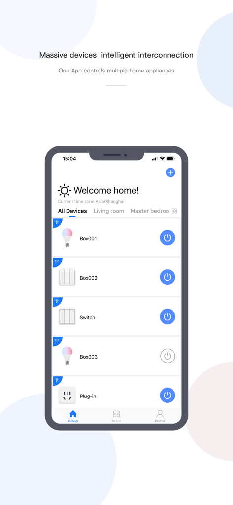CozyLife Smart - Painel do aplicativo CozyLife Smart mostrando uma lista de dispositivos conectados como lâmpadas e interruptores com controles de energia