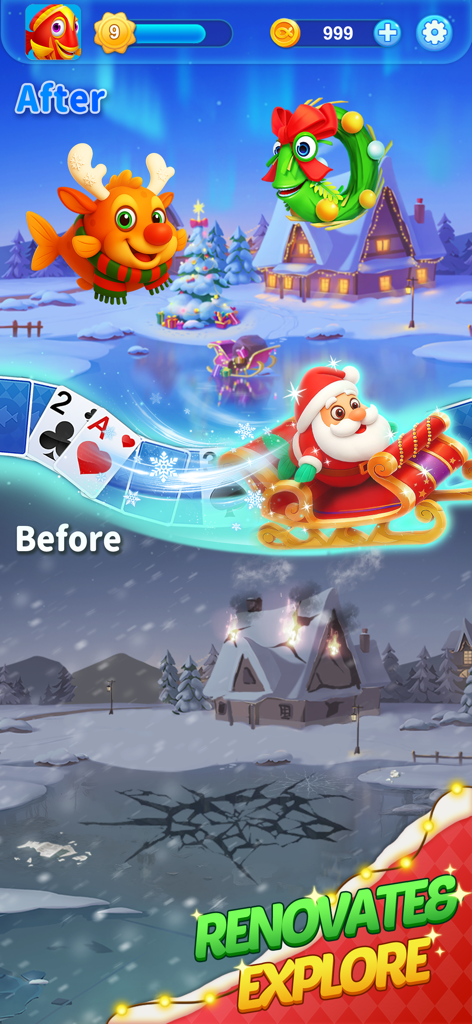 Before and after comparison of a festive Christmas village renovation in the game