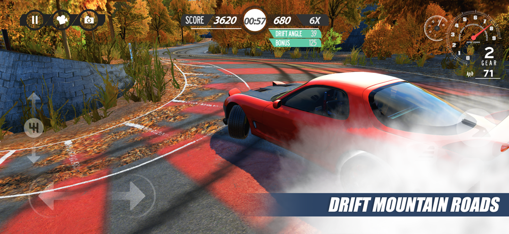 Drift Runner: Racing Masters - 가을 단풍으로 둘러싸인 구불구불한 산길에서 높은 각도로 드리프트를 하는 빨간색 스포츠카