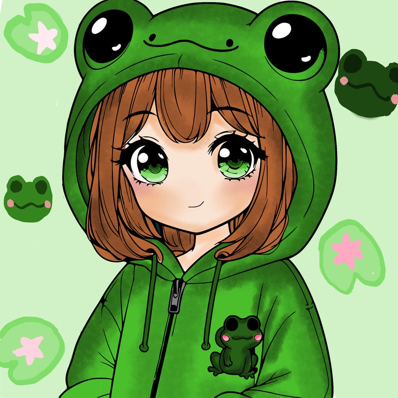 cute realistic girl in a froggy hoodie