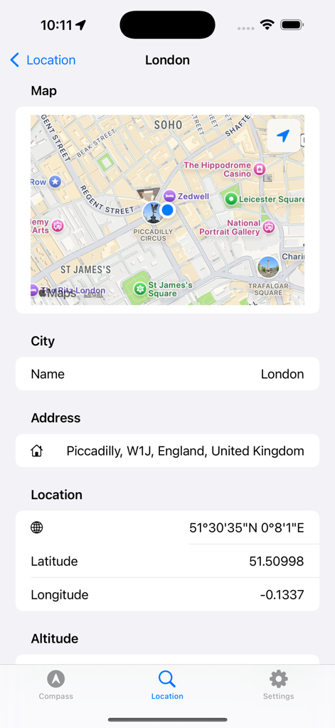 Compass Pro - Aircraft - Compass Pro app interface displaying a map of London with precise GPS coordinates, latitude, longitude, and street address.