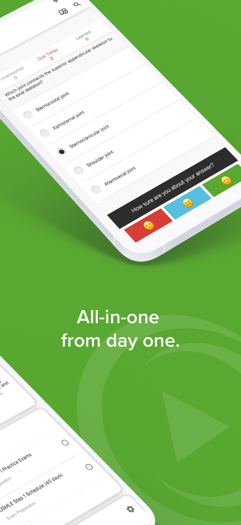 Interface of the Lecturio app showing a medical quiz question and study schedules for USMLE preparation