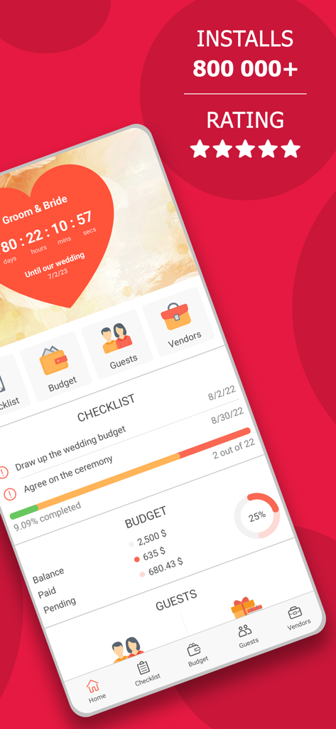 Wedding Planner by MyWed app dashboard with budget and checklist tracking.
