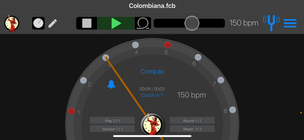 Compás Builder - Interfaz circular de metrónomo de ritmo flamenco a 150 bpm