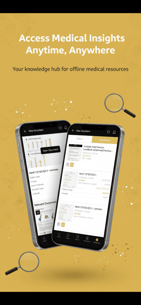 Medartis ONE App-Oberfläche mit medizinischen Offline-Ressourcen und chirurgischen Techniken auf zwei iPhones
