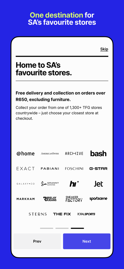 Pantalla de incorporación de la app Bash mostrando una lista de logotipos de marcas minoristas, incluidas Foschini y Jet