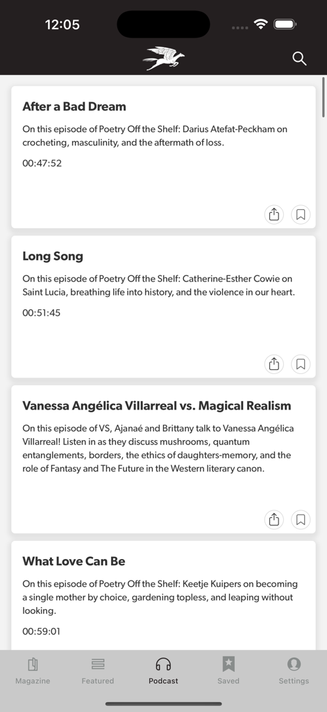 A list of literary podcast episodes in the Poetry Magazine mobile application.