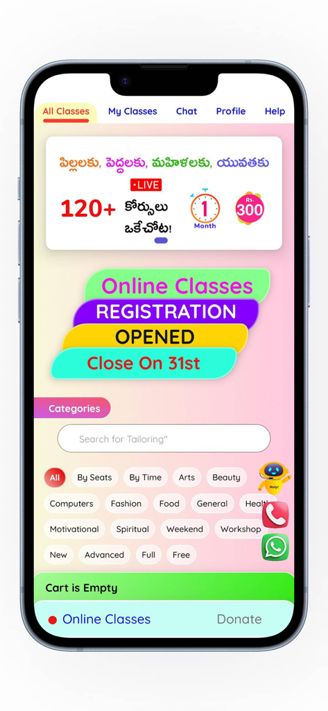 Free Gurukul - Interface of the Free Gurukul app displaying online class registration and various course categories for skill based education.