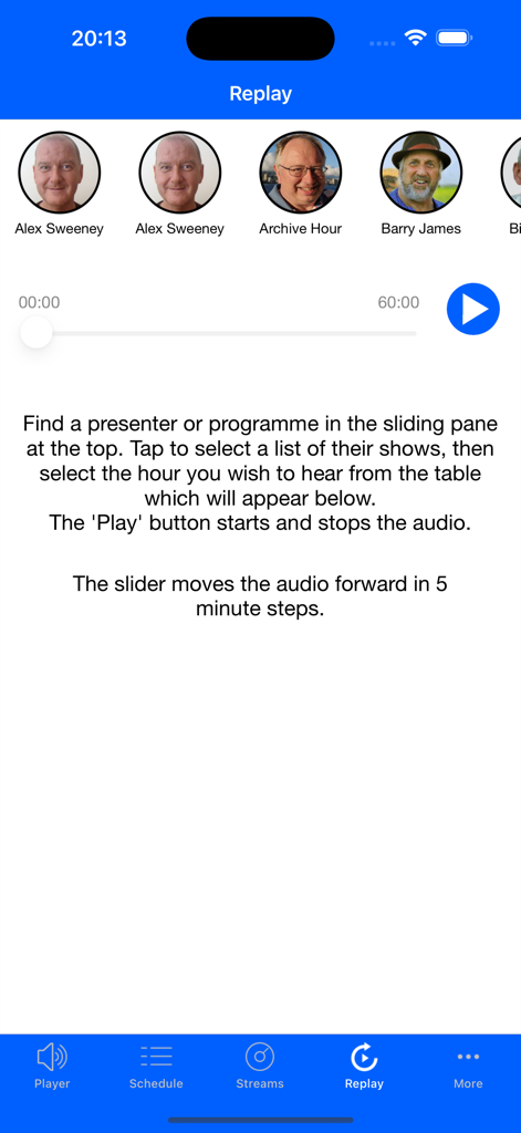 Radio Caroline Flashback app replay interface with presenter list and playback instructions