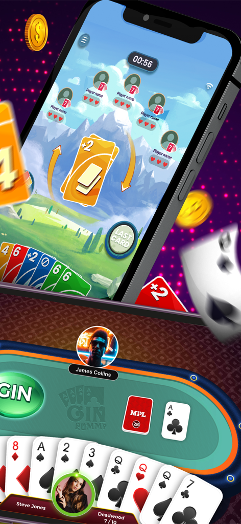 Gameplay screens for Gin Rummy and Draw 4 card games on the MPL mobile app