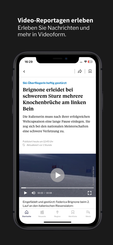 Tages-Anzeiger App-Oberfläche, die einen Nachrichtenartikel mit einem eingebetteten Videoplayer für multimediale Berichterstattung anzeigt.