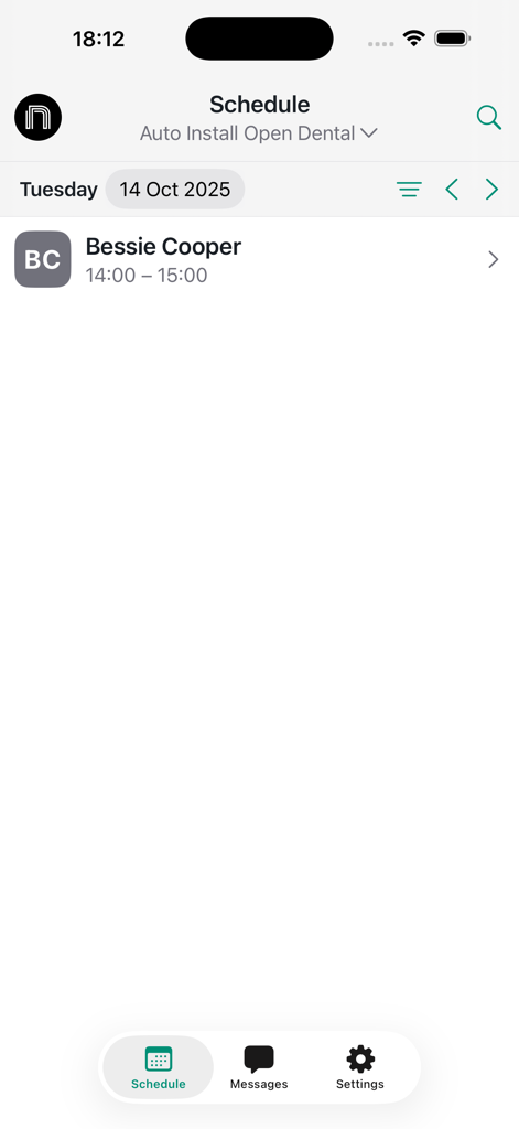 NexHealth mobile app interface showing a daily schedule with a patient appointment entry for Bessie Cooper