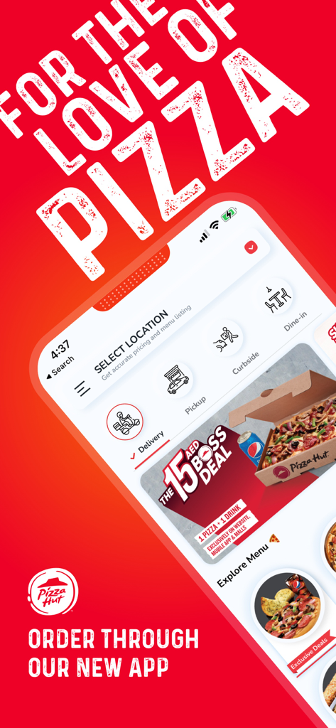 Pizza Hut UAE mobile app interface showing delivery options and special deals