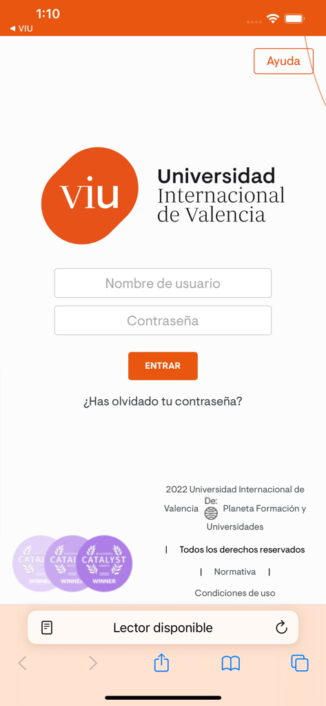 VIU - The login page of the VIU Universidad Internacional de Valencia mobile app featuring username and password fields and the official logo