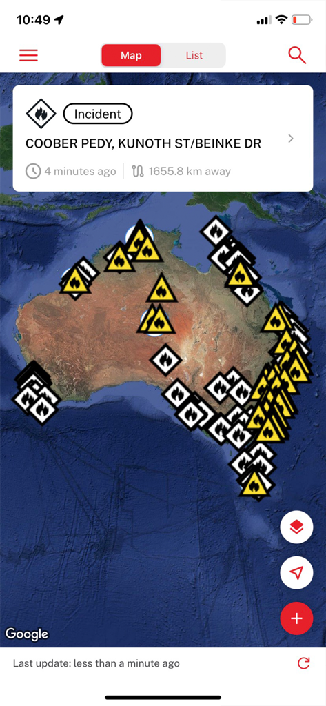 Fires Near Me Australia - Map view of the Fires Near Me Australia app showing fire incidents and emergency alerts across the continent