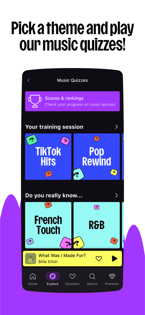 Deezer mobile app interface showing music quiz categories like TikTok Hits and Pop Rewind