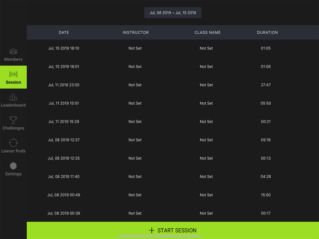 Accuro PT app dashboard displaying a history of training sessions with dates and durations.