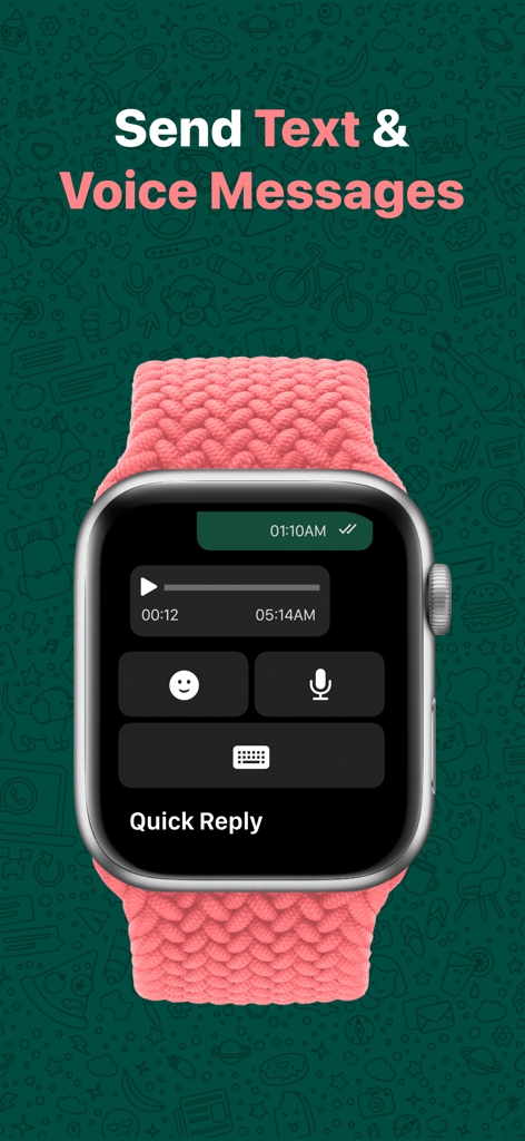 WatchsApp interface on an Apple Watch showing voice message playback and quick reply options for text and emojis