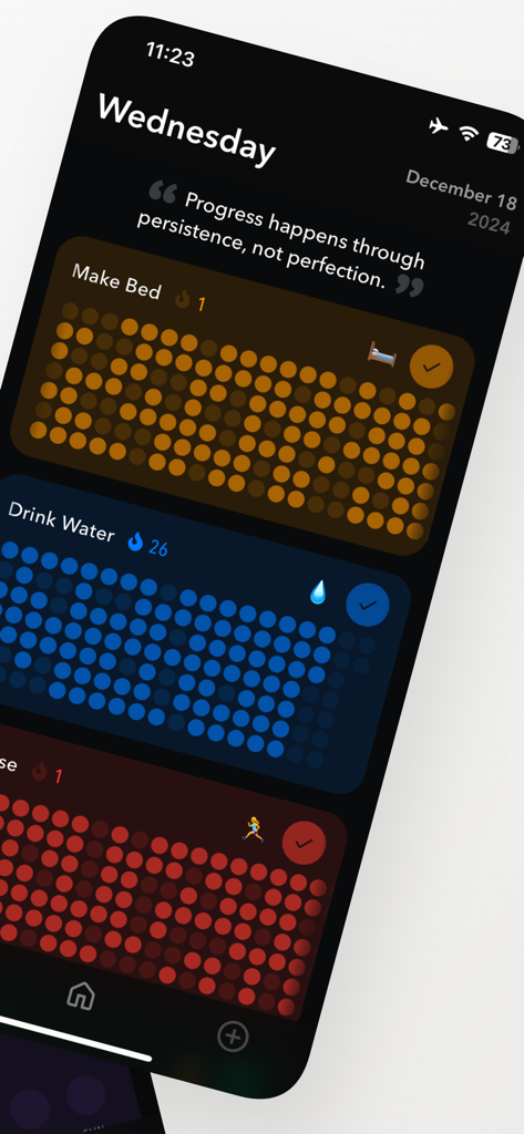 Haby habit tracker dashboard showing habit completion grids and motivational quotes