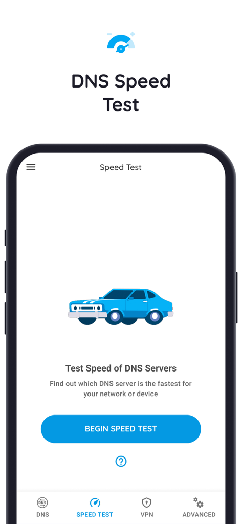 DNS & IP Changer - Secure VPN - DNSおよびIPチェンジャーアプリのスピードテスト画面。青い車のアイコンとスピードテスト開始ボタンが表示されています。