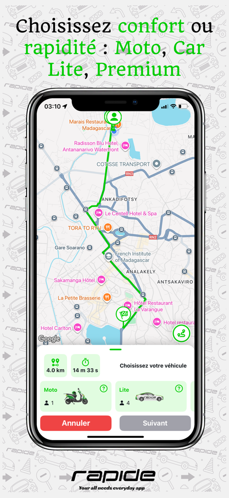 Rapide App - Un écran de smartphone affichant l'application Rapide avec une carte d'itinéraire et des options de véhicules à Madagascar.