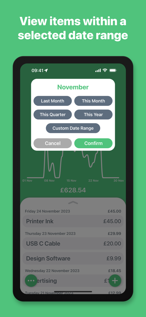 iPhone-Bildschirm mit dem Menü zur Auswahl des Datumsbereichs der Geschäftsausgaben-App mit Optionen wie Letzter Monat und Dieses Quartal über einem Diagramm der Ausgabenentwicklung.