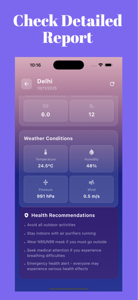 India AQI - Air Quality Index - Detailed air quality report for Delhi showing weather conditions and health recommendations