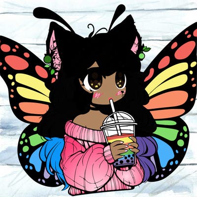 a realistic butterfly/furry girl drinking boba