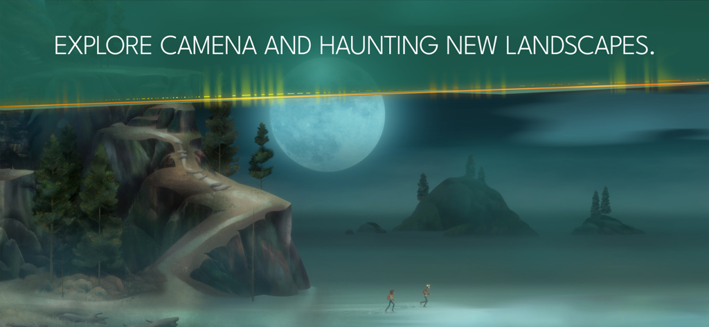 OXENFREE II: Lost Signals - Two characters walking along a foggy coast under a large moon in Oxenfree II