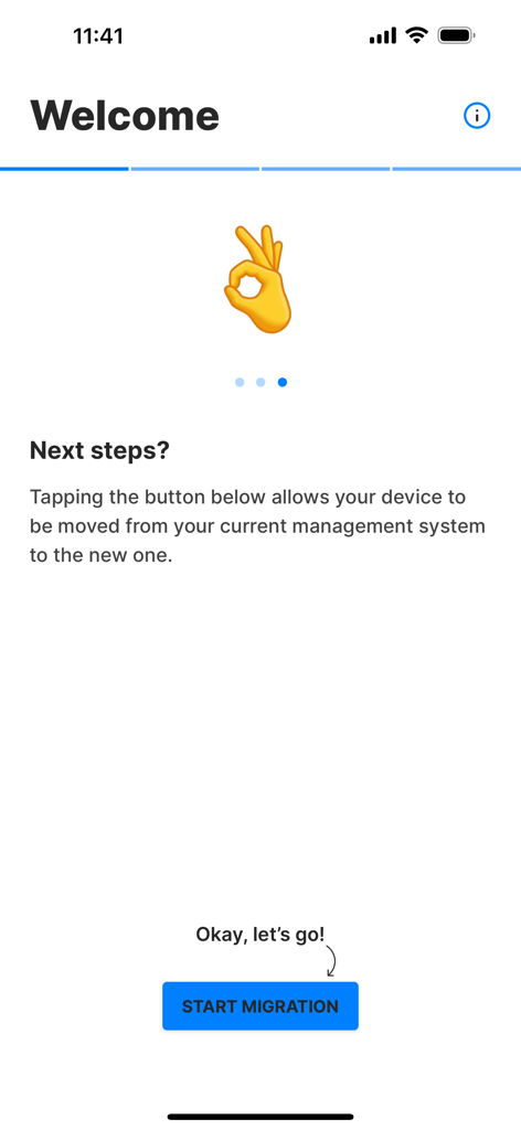 Welcome screen of the Exodus Companion app showing the Start Migration button and instructions.
